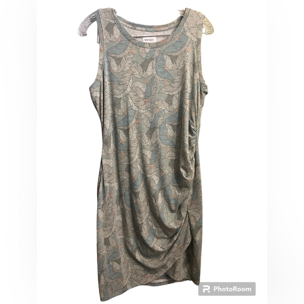 Nine West Tulip-Hem Sleeveless Dress Green Foliage Women's Sz Large ruching